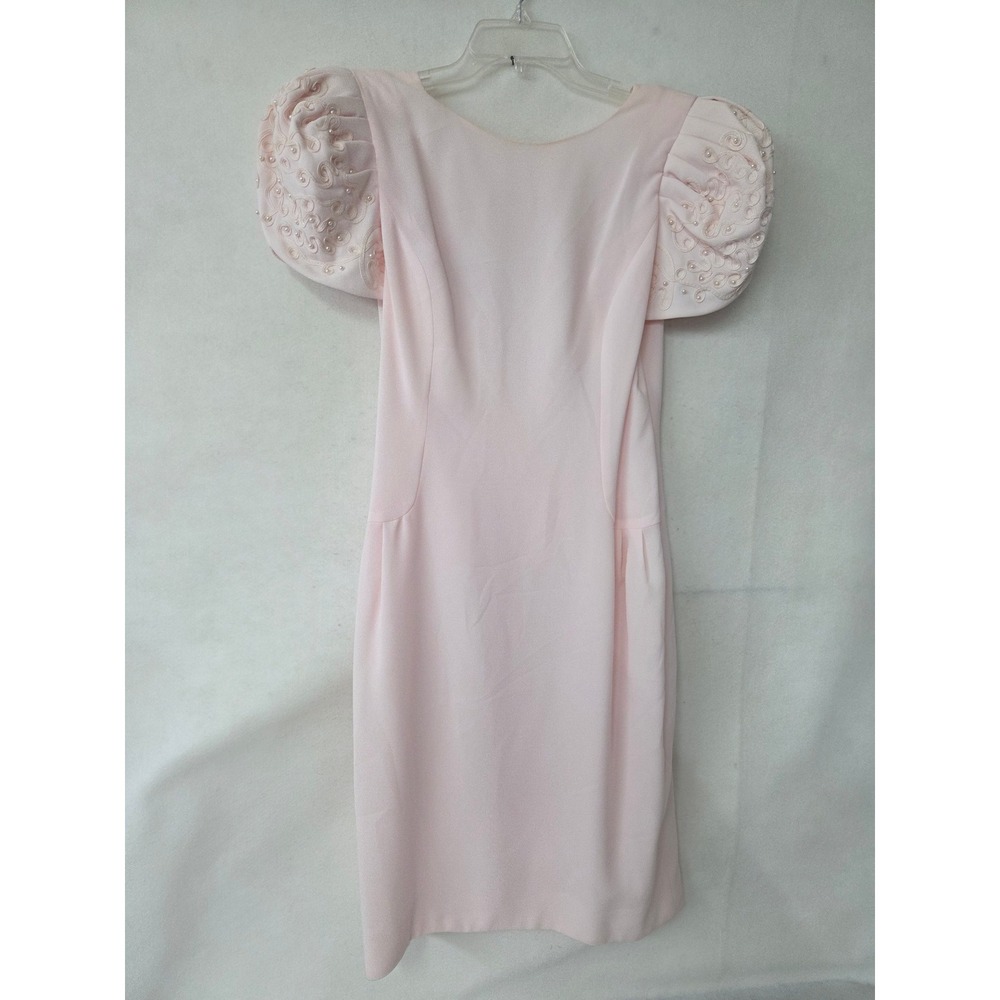 Morton Myles Pink Vintage 80s Puff Sleeve Pearl Beaded Cocktail Dress Size 14